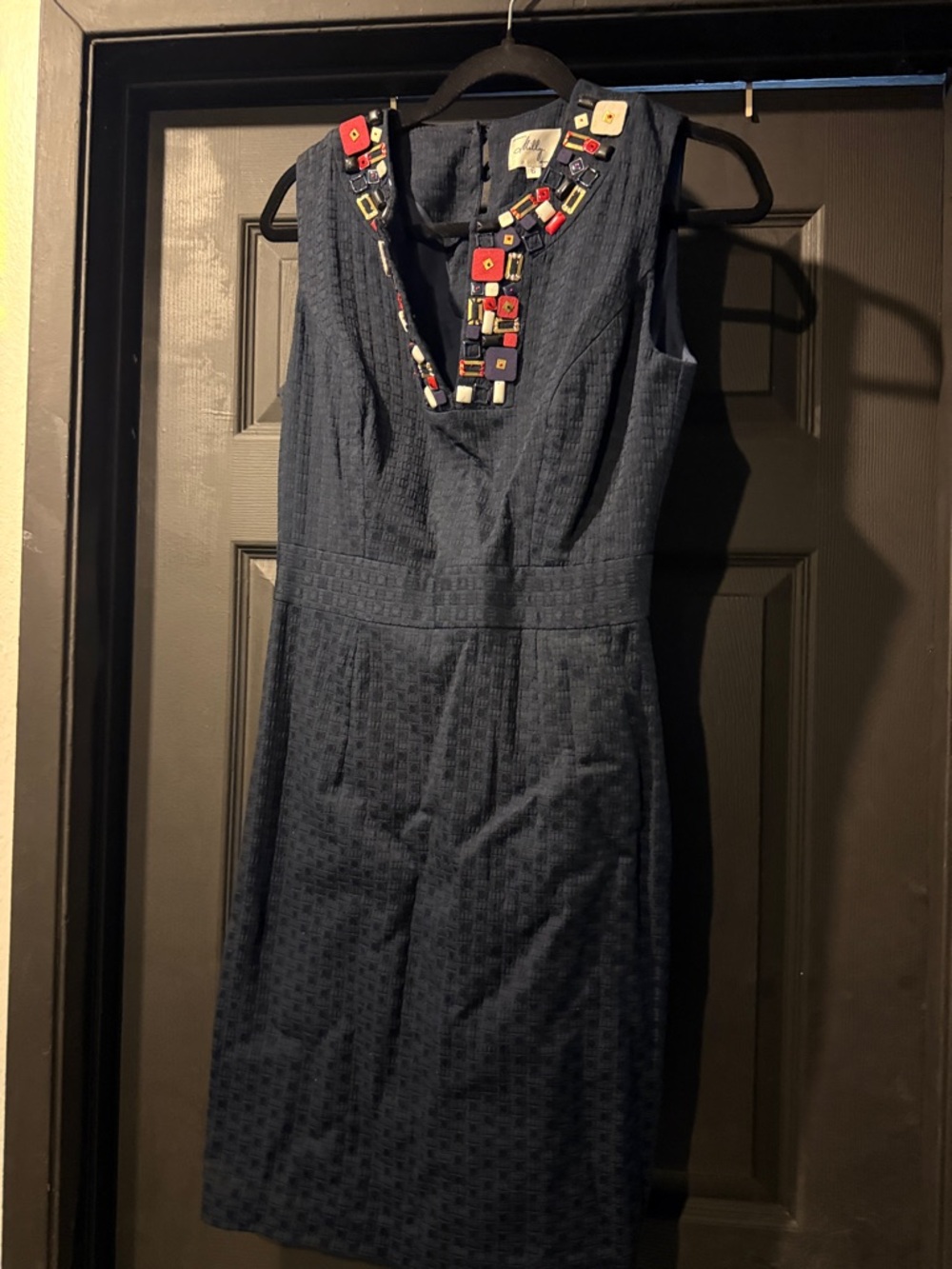 Milly Sleeveless Navy Embellished Neck Sheath Dress